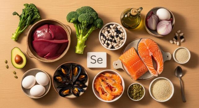 Top view of various selenium rich foods including salmon, liver, eggs, and broccoli photo