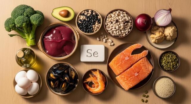 Top down view of various selenium rich foods for a healthy diet and essential nutrition photo