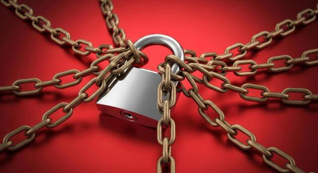 Polished silver padlock secured by multiple golden chains on a vibrant red surface photo