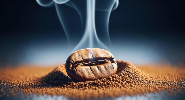 Hyper realistic extreme close up macro photo of a single medium roasted coffee bean with steam