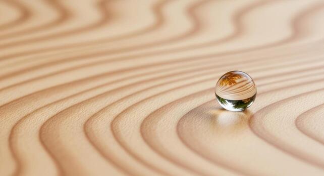 Crystal sphere reflecting green and brown nature on a light wood surface with abstract wavy grain photo