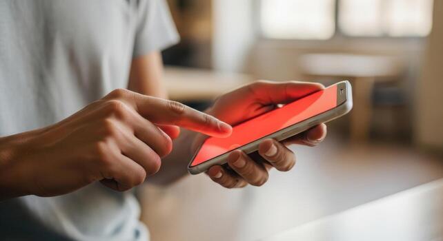 Close up of a hand interacting with a smartphone displaying a vibrant red screen, modern technology photo