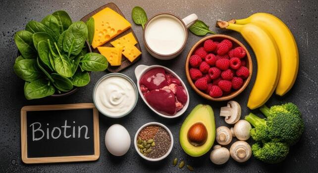 Top view of various healthy foods rich in biotin, essential for a balanced diet and good nutrition photo
