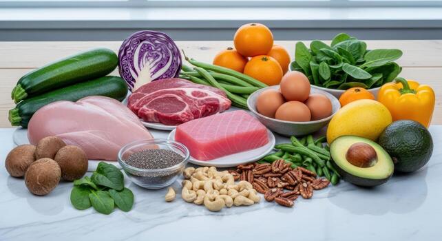 Diverse array of fresh raw ingredients for healthy cooking, including meats, vegetables, fruits, and nuts on a light surface. photo