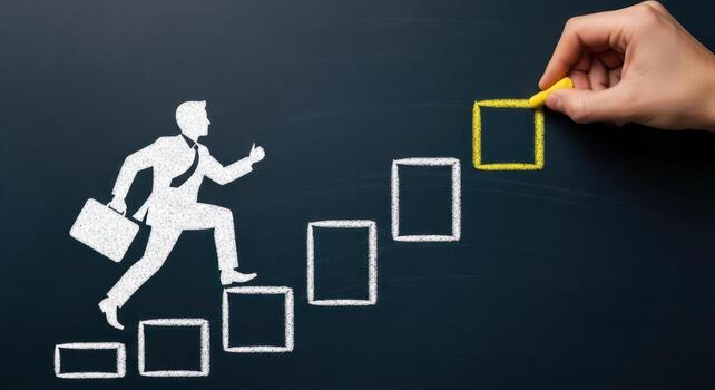 Chalk drawing of a businessman climbing stairs towards a goal drawn by a hand on a blackboard photo