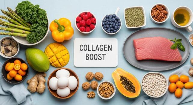 diverso formación de colágeno aumentar comidas para sano piel y dieta, parte superior ver foto