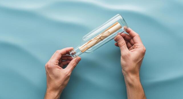 Two hands holding a glass bottle with a rolled message inside, on a blue wavy surface photo