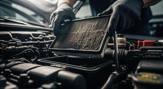 mecánico enguantado manos expertamente reemplazando un fuertemente manchado coche motor aire filtrar durante mantenimiento foto