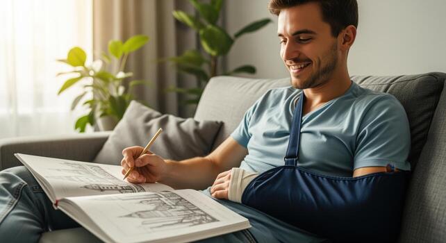 Cheerful young man with arm in sling drawing in a sketchbook while relaxing on a sofa at home photo
