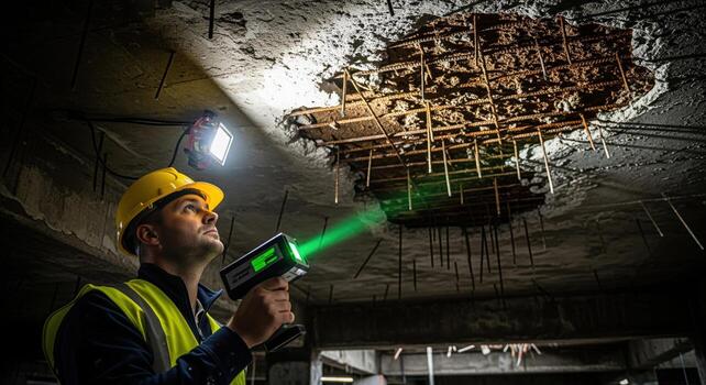 Construction foreman inspecting damaged concrete ceiling with laser scanner for structural assessment photo