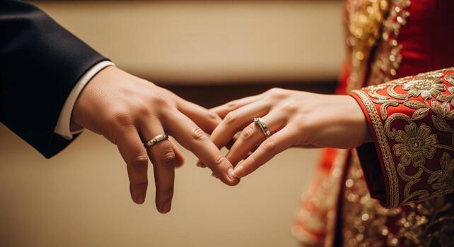 Elegant close up of bride and groom hands with wedding rings, showing their union photo