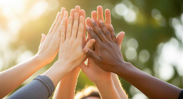 Diverse hands giving a high five, symbolizing teamwork and unity under warm sunlight photo
