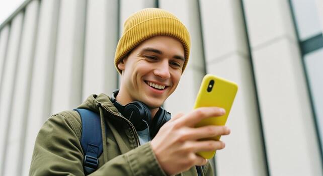 Cheerful young man in mustard beanie and olive jacket smiling while using smartphone outdoors photo