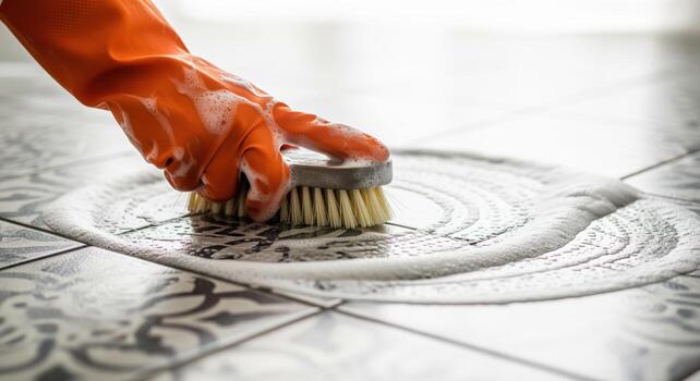 Hand in orange glove scrubbing patterned tile floor with brush and soapy foam photo