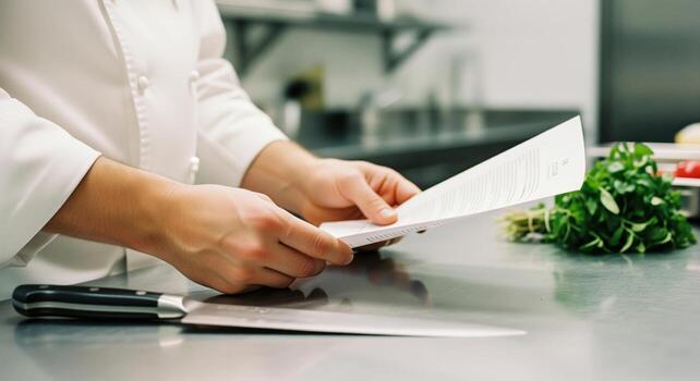 Professional chef hands meticulously examining a printed recipe in a modern kitchen photo