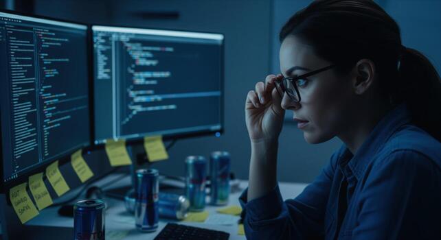 Female software engineer intensely focused on coding on multiple computer screens at night photo