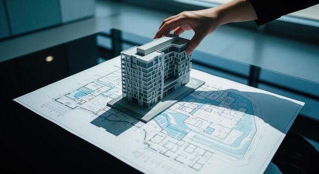 Hand placing modern building model on architectural blueprint for urban development project photo