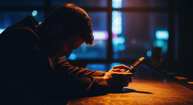 Man in silhouette using a vintage flip phone at a dimly lit bar at night photo