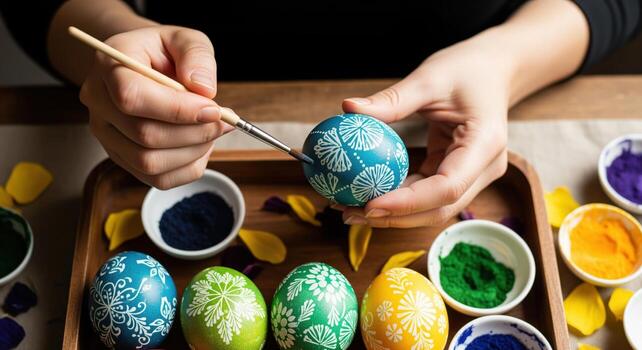 Artisan hands meticulously decorating a blue easter egg with intricate white patterns using a brush photo