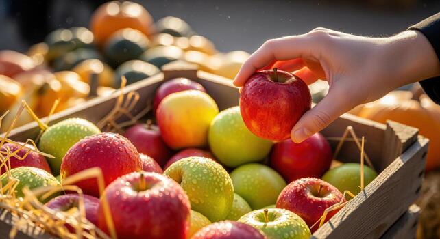 Hand selecting a fresh red apple from a rustic wooden crate of autumn harvest fruit photo