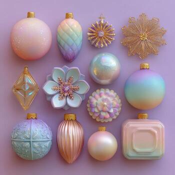 Delicate Collection of Colorful Holiday Ornaments on Soft Background photo