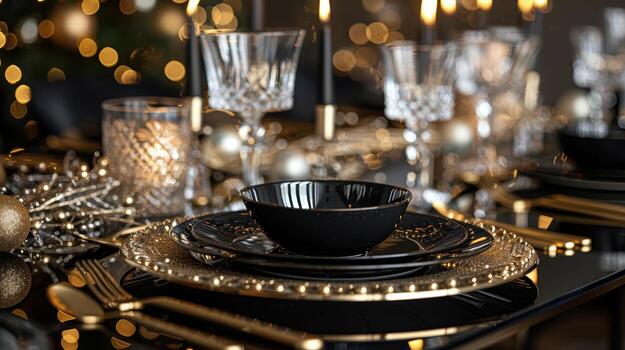 elegante negro y oro comida preparar con festivo bokeh luces foto