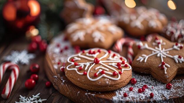Festive Gingerbread Cookies with Icing and Decorative Elements photo