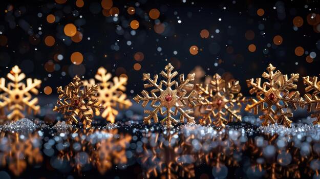 Golden Snowflakes Sparkle on Black Background with Bokeh Lights photo