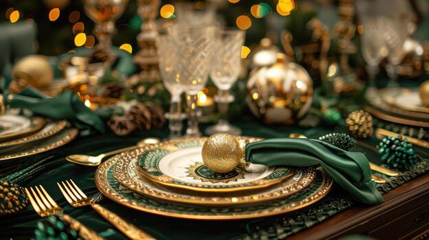 Elegant Festive Table Setting with Green and Gold Decor Elements photo
