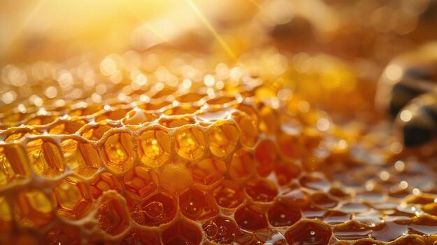 Close up of honeycomb with bees and honey photo