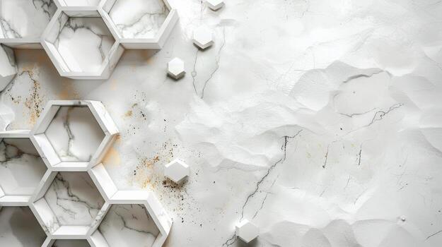 Modern Hexagon Shelves on White Marble Background with Texture photo