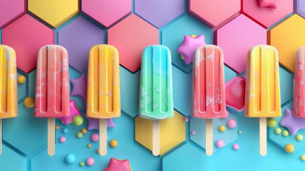 Colorful Ice Cream Popsicles on Hexagon Background with Shapes photo
