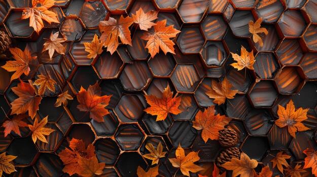 Autumn Leaves on Honeycomb Pattern Background with Warm Tones photo