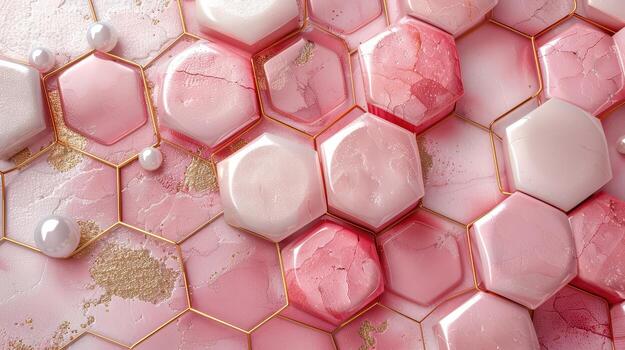 Pink Geometric Tiles with Shimmering Accents in Honeycomb Pattern photo