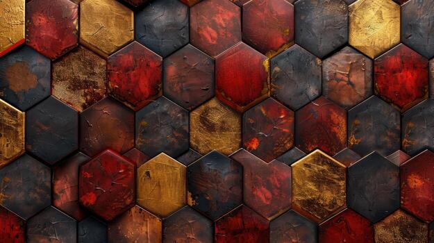 Hexagonal Pattern of Textured Tiles in Bold Red and Gold Tones photo