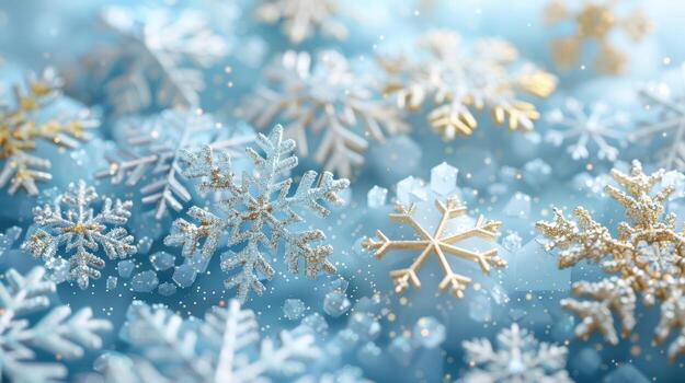 hermosa copos de nieve en suave azul antecedentes con espumoso detalles foto