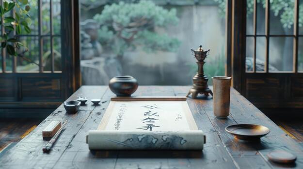 tradicional japonés caligrafía preparar con herramientas y rollos foto