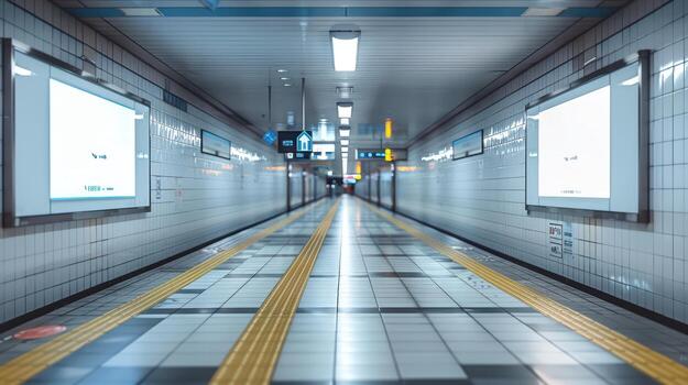 Empty subway corridor with bright lights and blank advertising boards photo