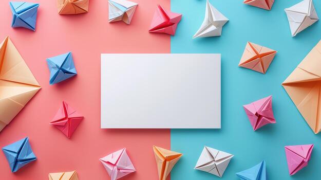 vistoso origami papel formas en un vibrante antecedentes con blanco espacio foto
