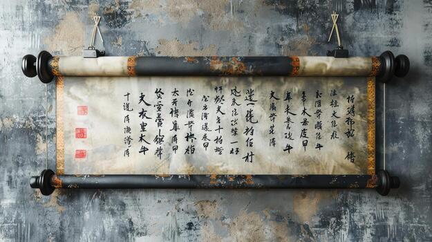 Ancient Chinese Scroll with Calligraphy on Textured Background photo