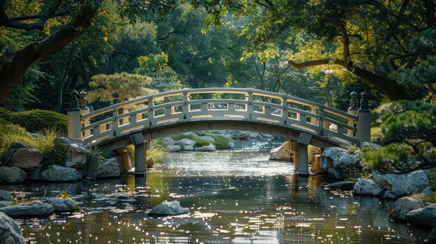 Tranquil Bridge Over Reflective Water in Serene Garden Setting photo