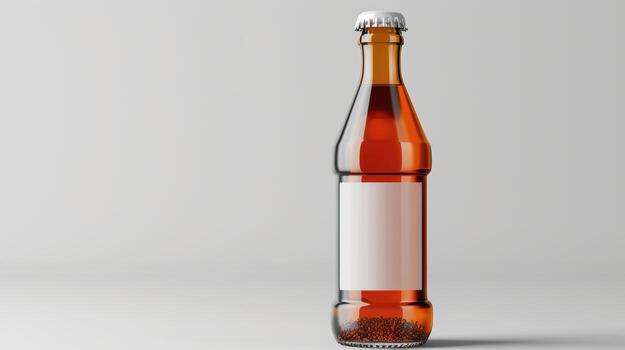 Glass bottle filled with orange liquid on a plain background photo