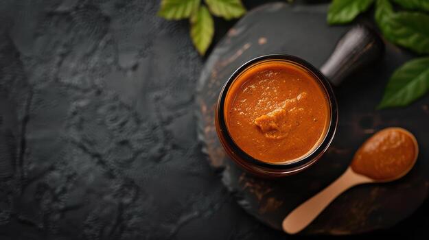 Rich and Creamy Nut Butter in Glass Jar on Dark Surface photo