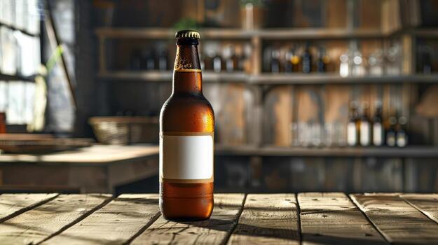 Brown Beer Bottle on Wooden Table in Rustic Bar Setting photo