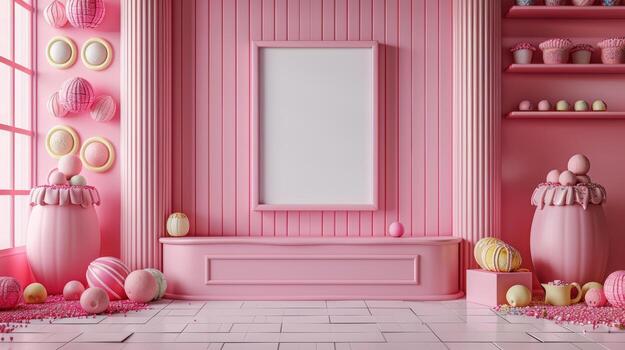 Bright Pink Room with Blank Frame and Decorative Elements photo