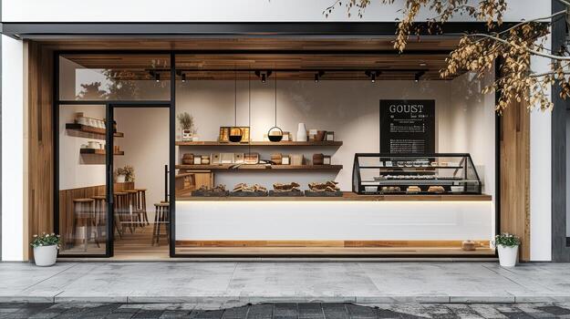Modern Bakery Exterior with Stylish Display and Chic Design Elements photo