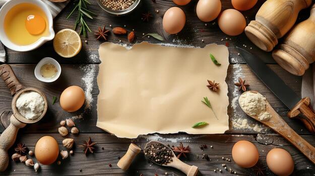 Ingredients and Tools for Cooking on Wood Background with Eggs photo