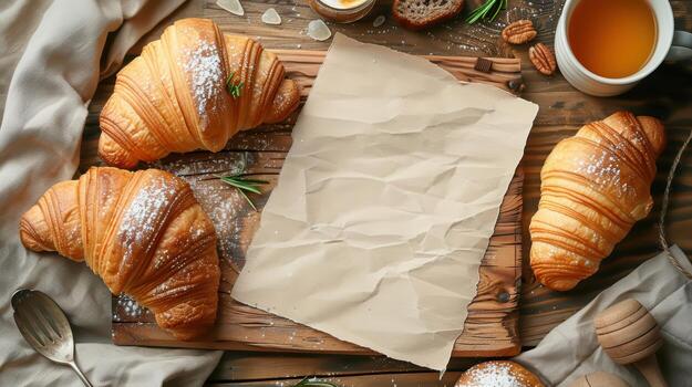 Fresh Croissants and Blank Paper on Wooden Table for Breakfast Layout photo