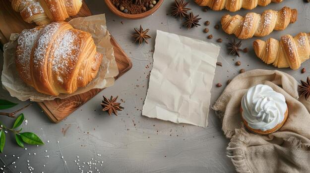 Delicious Croissants and Whipped Cream Dessert on Rustic Table photo