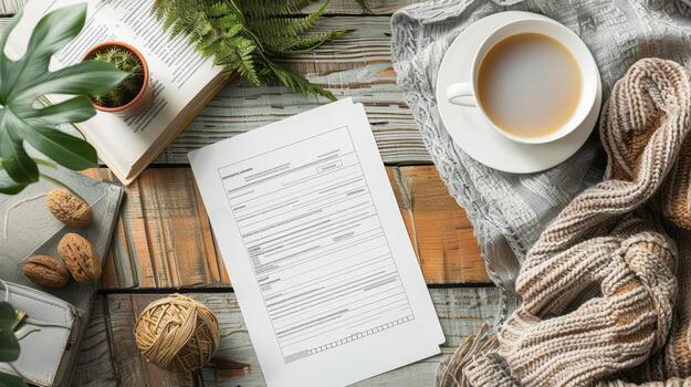 Cozy Workspace with Coffee, Notebook, Plant, and Papers on Table photo